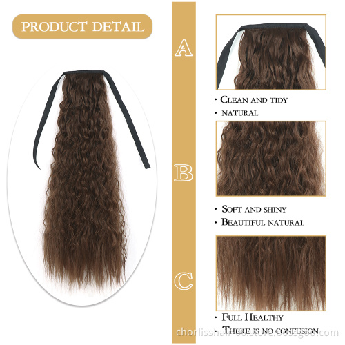 Hot Selling High Quality 22 Inch Long Wrap Kinky Curly Strappy Ponytail Hair Extensions Dark Brown Synthetic For Women